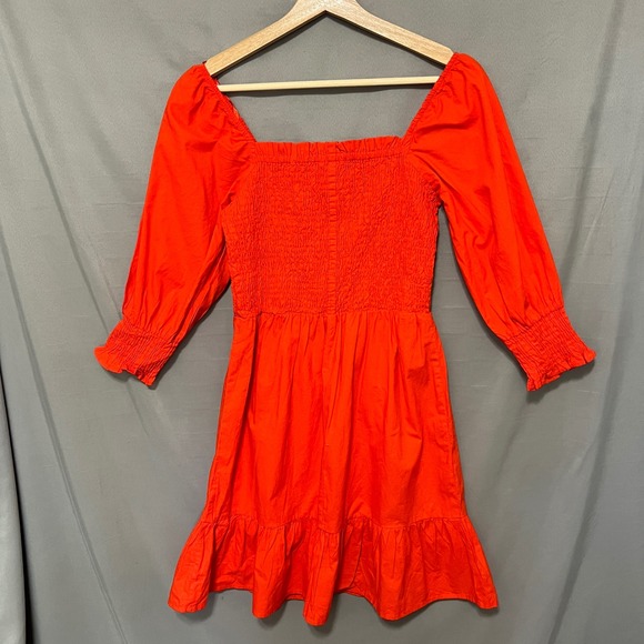 Sim & Sam Anthropologie Orange Dress Smocked Bodice Ruffle Hem 3/4 Sleeve Small - Picture 4 of 8